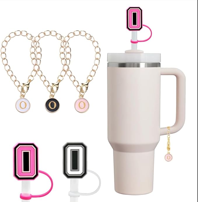 compaitable with stanley cup with accessories,30&40 oz,1 charm letter chain for handle with stanley straw top letter cover for stanley cup (o), small