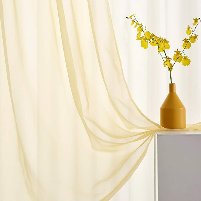 Light Yellow Sheer Voile Curtains Short Translucent 45 Inches Long with Rod Pocket Light Yellow Sheers 45 Inches Long for Small Window Kitchen Bedroom Living Room 2 Panels 52x45