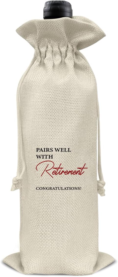 Retirement Wine Bag, Goodbye Gift for Coworkers, Retired Gift for Women Men, Going Away Gifts for Coworker Friends, Pairs Well with Retirement Wine Bag Happy Retirement Burlap Drawstring Wine Bag