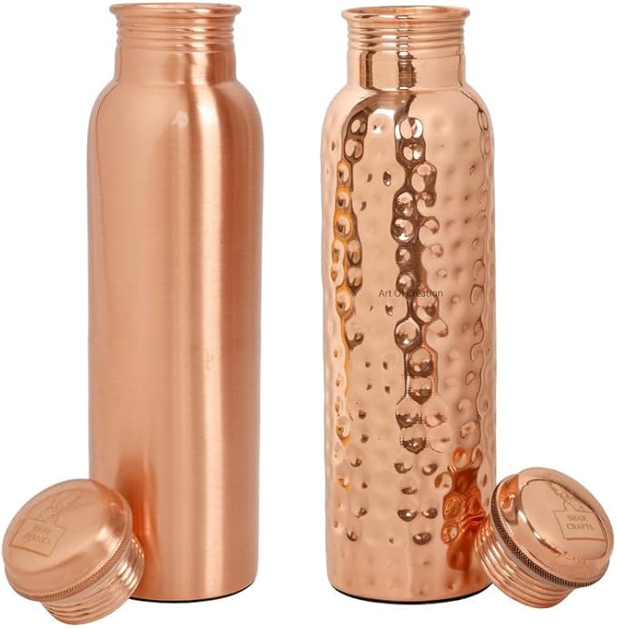 Pure Copper Water Bottle for Drinking Large Handcrafted Ayurvedic Copper Water Bottle, Leak Proof Lid Copper Bottle Water Vessel Size-34 Oz (Plain And Hammered Combo)
