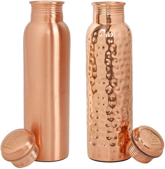Pure Copper Water Bottle for Drinking Large Handcrafted Ayurvedic Copper Water Bottle, Leak Proof Lid Copper Bottle Water Vessel Size-34 Oz (Plain And Hammered Combo)