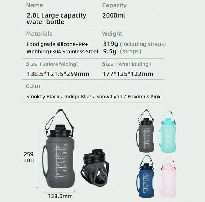 Collapsible Water Bottles 64oz with Removable Straw, Odorless BPA-Free Silicone, Leak-Proof Foldable Reusable Bottle - Perfect for Cruise Travel Sports Gym Hiking Camping Cycling - Black