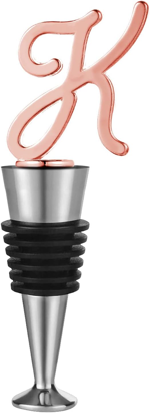 Monogram Wine and Beverage Bottle Stopper, Initial letter wine stoppers Decorative, Creative Wine Gift for Kitchen Bar Wedding Rose Gold Finish,Reusable, letter K