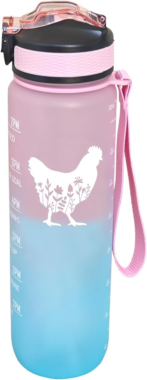 Floral Chicken Water Bottle with Straw, Carry Strap, LeakProof, Tritan BPA Free, 32 Oz Motivational Water Bottle with Time Marker to Ensure Drink Enough Water for Gym Fitness Outdoor