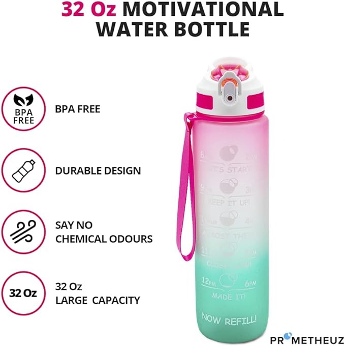 PROMETHEUZ Sports Water Intake Reminder Bottle with Time Marker and Straw, Leakproof Tritan BPA-Free, Fast Flow, Dark Pink Purple Mint, 32 oz