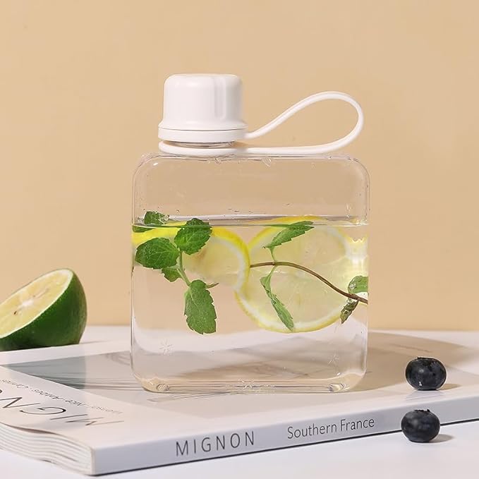 Tritan Transparent Flat Water Bottle samll Water Bottle Slim Square Pocket Bottle Water Flask, BPA Free/Slim Design/Leak Proof Water Bottle for Travel, Outdoor, Sports, Camping (White, 320ML)
