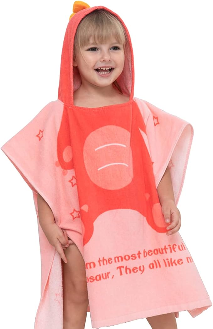 TONWHAR Kids Bath/Pool/Beach Hooded Poncho Towel-Cartoon Animal Pattern Cotton Beach Towel for Baby and Kids (Pink Dinosaur, 1-4 Years/Height:33.4"-43.3")