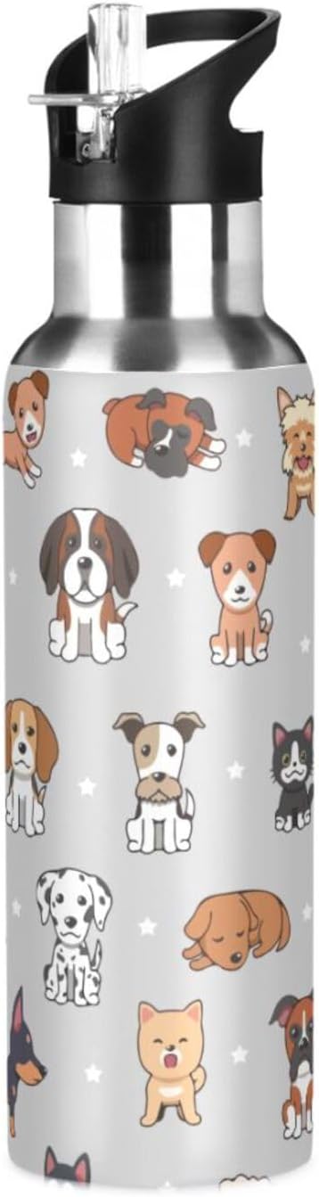 Cute Dog Stainless Steel Water Bottle with Straw Lid - 20 Oz Sports Insulated Water Bottle Thermos for Sport Gym Outdoor Travel School