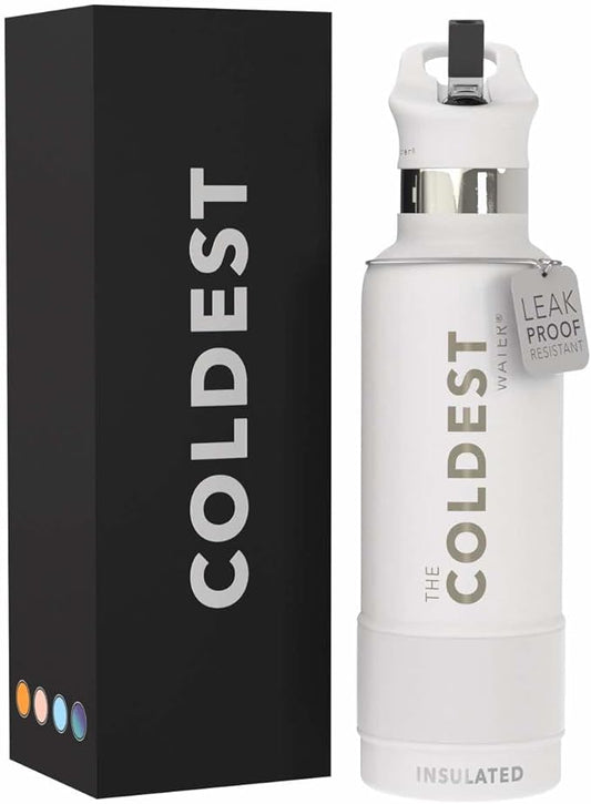 Coldest Water Bottle with Standard Mouth Straw Lid Metal Thermos Vacuum Insulated Stainless Steel l Reusable Leak Proof Cupholder Flask (21 oz, Epic White)