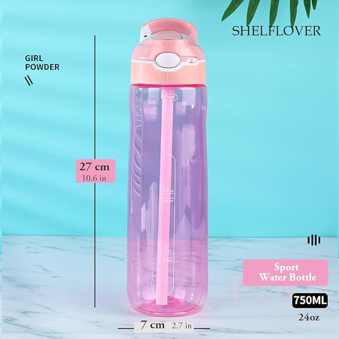 SHELFLOVER Pink Water Bottle With Narrow Straw, BPA FREE Clear Bottles With Handle One Hand Use Easy Carried, Flip Up, Suit School, Office, Gym, Office For Women 24oz (750ml)
