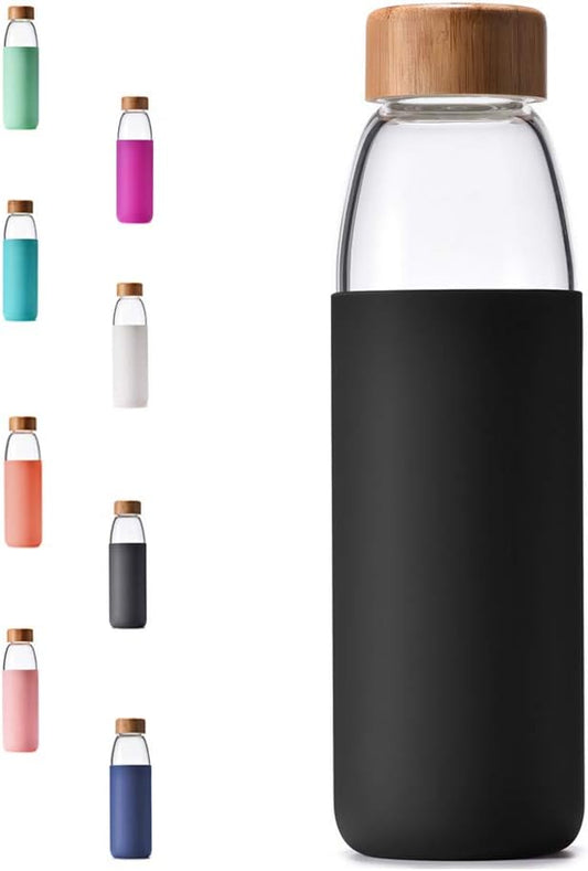veegoal Glass Water Bottles 18 Oz Borosilicate with Bamboo Lid, BPA-FREE, Non-Slip Silicone Sleeve, and Stainless Steel Leak Proof Lid - Glass Water Bottle for Men and Women