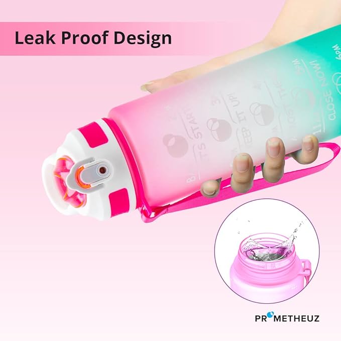 PROMETHEUZ Sports Water Intake Reminder Bottle with Time Marker and Straw, Leakproof Tritan BPA-Free, Fast Flow, Dark Pink Purple Mint, 32 oz