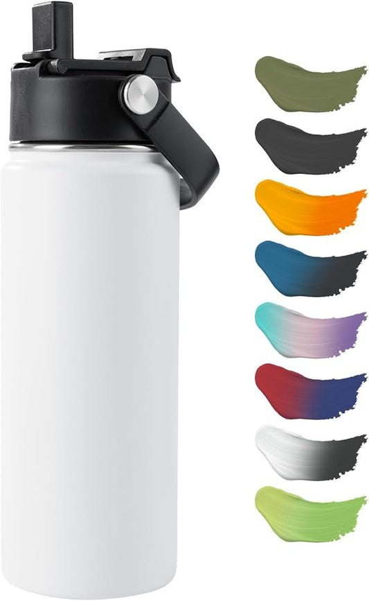 Kerilyn Stainless Steel Insulated Water Bottle, 18oz Double Wall Vacuum Insulated Water Bottle Leak Proof with Silicone Straw, Wide Mouth Lid, BPA Free, Keep Cold and Hot, 18oz, White