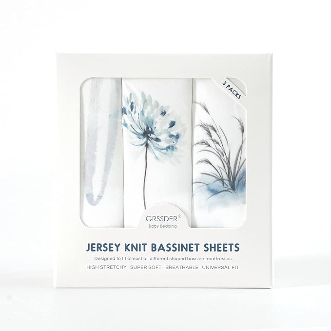GRSSDER Stretchy Ultra Soft Bassinet Fitted Sheets 3 Pack, Universal Fitted for Bassinets Baby Cradle Moses Basket Oval Rectangle Mattress Safe and Snug, Pretty Bassinet Sheet for Baby, Navy Blue