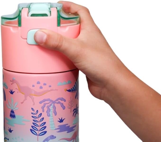 Kids insulated water bottle with straw and snack cup. Double wall stainless steel 14oz (hot peach and light turquoise dinosaur)
