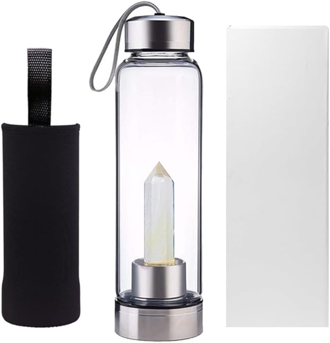 Crystal Glass Water Bottle,Water Bottle With Gemstone Center Crystal Elixir Bottle,Removable Gemstones Creative Water Cup Crystal Column Magic Wand Energy Cup for Gifts (P-Yellow Smelting Stone)