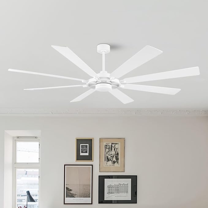 72" Ceiling Fan with Lights and Remote Control, Wood 8 Blades 6-Speed Noiseless Reversible DC Motor, 3 Downrods, Modern Large Ceiling fan for Covered Patio Bedroom Living Room Office, White