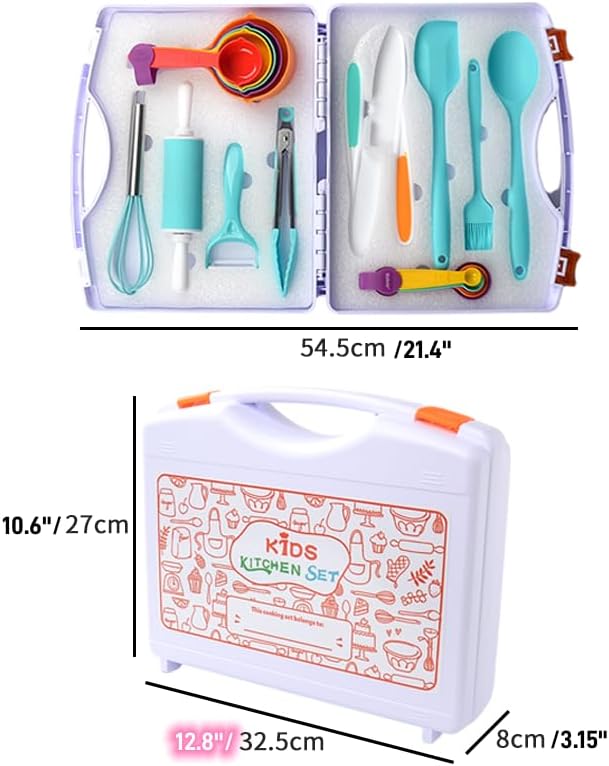 Cooking Set for Kids, Real Cooking Kids Baking Set with Organizer Carrying Case for Girls, Kitchen Tools Kids Knife Set for Boys, Kid, Toddler, Gift, Toys-Blue