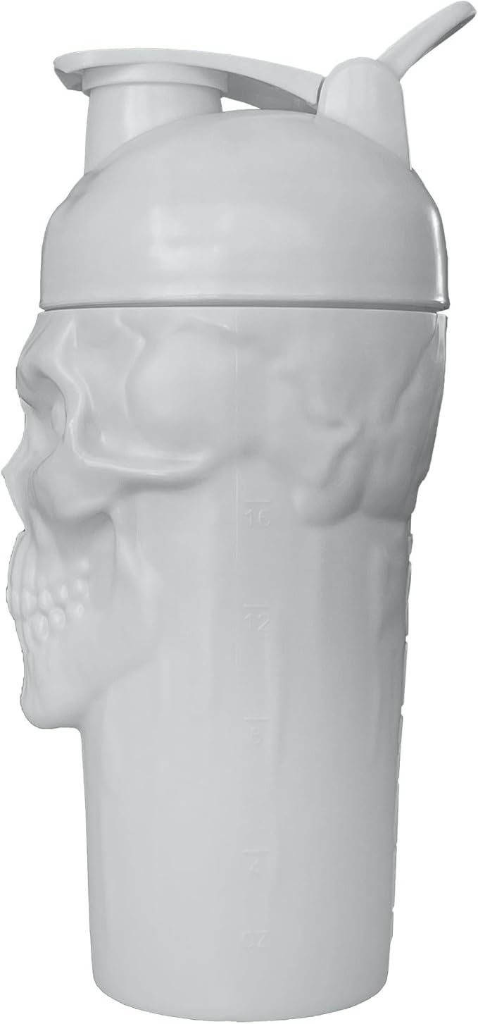 JNX SPORTS The Curse! Skull Shaker Bottle, 24-Ounce, Light Grey Limited Edition, Supplement Mixer with Classic Loop Top