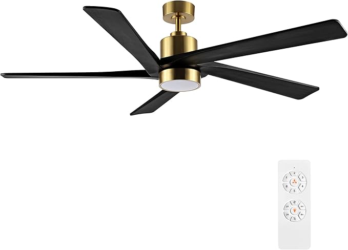 WINGBO 64 Inch DC Ceiling Fan with Lights and Remote Control, 5 Reversible Carved Wood Blades, 6-Speed Noiseless DC Motor, Modern Ceiling Fan in Brass Finish with Balck Blades, ETL Listed