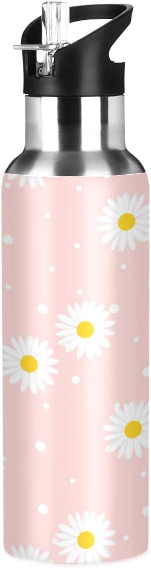 Blueangle 22oz Pink Daisy Water Bottle, BPA Free Non-Toxic Stainless Steel Water Bottle for Fitness, Gym and Outdoor Sports