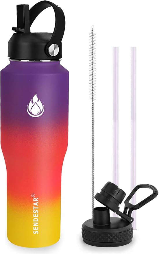 SENDESTAR Water Bottle 32oz,2 Lids(Straw lid),Wide Mouth Stainless Steel Vacuum Insulated Double Wall Keep Liquids Cold or Hot All Day,Sweat Proof Sport Design,Fit Car Cup Holder(Havana)