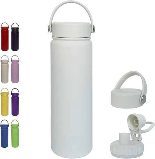 22oz Insulated Water Bottle ，Stainless Steel Sports Water Cup Flask with 2 Lids, Wide Mouth Travel Thermal Mug,Outdoor Sports Bottle（white）