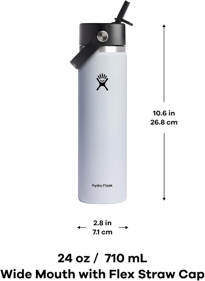 HYDRO FLASK Wide Mouth vacuum insulated stainless steel water bottle with leakproof closeable straw lid for cold water drinks, sports, travel, car and school