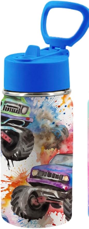Insulated Water Bottle with Lid, 16 oz, BPA Free, Double Walled, Hot or Cold Drinks, Easy Clean Dishwasher Safe, 12oz, Construction Trucks