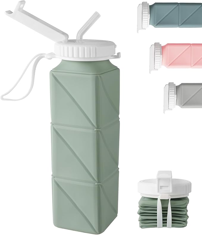 Opard Collapsible Water Bottles 21 Oz - BPA Free, Leak Proof, Foldable Silicone Collapse Water Bottle with Straw, Easy to Compact and Expandable, Travel Essentials Accessories