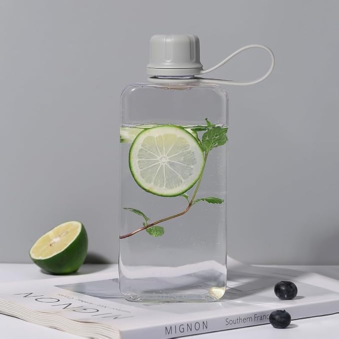 Tritan Transparent Flat Water Bottle samll Water Bottle Slim Square Pocket Bottle Water Flask, BPA Free/Slim Design/Leak Proof Water Bottle for Travel, Outdoor, Sports, Camping (Grey, 400ML)
