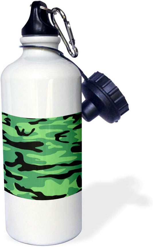 3dRose "Bright forest green army print camo-macho stealth blend patches soldier uniform camouflage texture" Sports Water Bottle, 21 oz, White