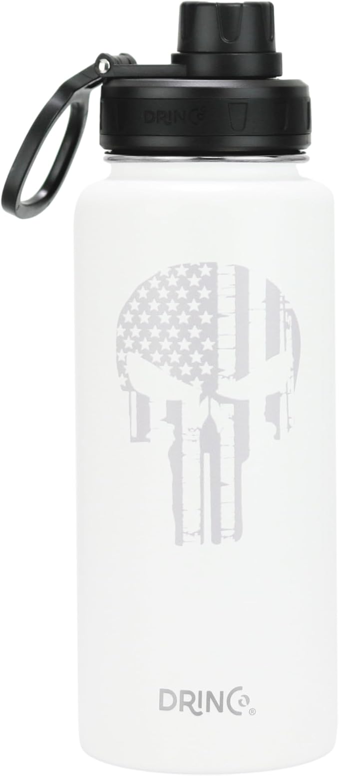 DRINCO Stainless Steel Water Bottle Spout Lid Vacuum Insulated Double Wall Water Bottle USA Flag Military Veteran (32oz Skull Artic White, 32oz)