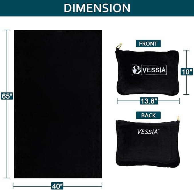 Vessia Travel Blanket for Airplane, Train and Car, Warm and Soft Travel Blanket and Pillow 2 in 1 for Adults and Kids, Portable Compact Long Flight Blanket with Luggage Sleeve, Backpack Clip(Black)