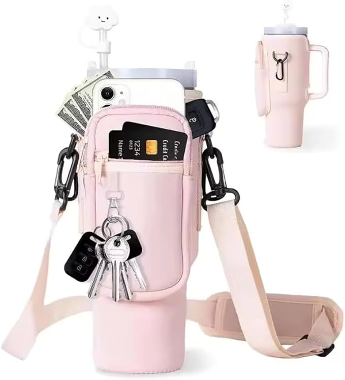 Prime Choice 30oz / 40oz Water Bottle Holder Sleeve Water Bottle Sling Carrier Bag Compatible With 30 40oz Stanley Cup Tumbler and Simple Modern Tumbler (Pink)