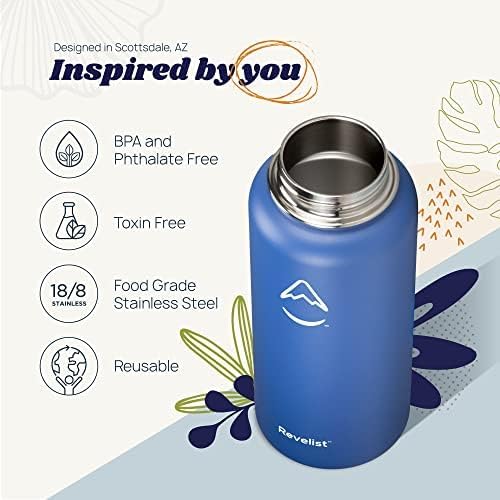 Revelist Sports Water Bottle - 32 Oz, 3 Lids (Straw Lid, Spout & Screw Top) with Boot, Vacuum Insulated Stainless Steel, Double Walled, Reusable Water Flask, Metal Canteen - Blue & White