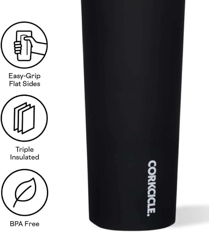 Corkcicle Sport Canteen Insulated Tumbler, Matte Black, 20 oz – Reusable Water Bottle Keeps Beverages Cold for 25 Hours & Hot 12 Hours – Cupholder Friendly Tumbler with Screw-On Cap