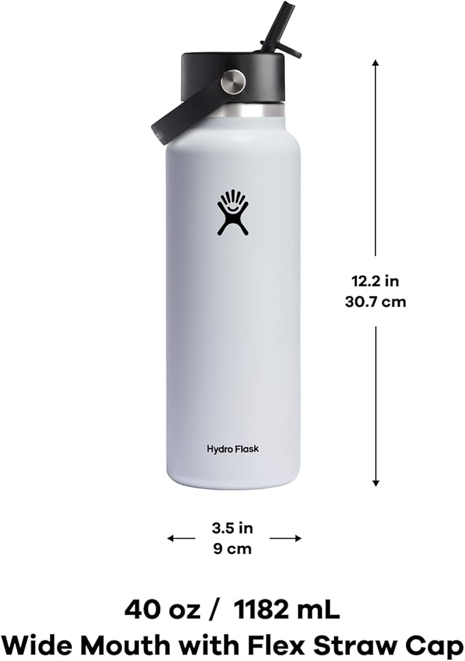 HYDRO FLASK Wide Mouth vacuum insulated stainless steel water bottle with leakproof closeable straw lid for cold water drinks, sports, travel, car and school