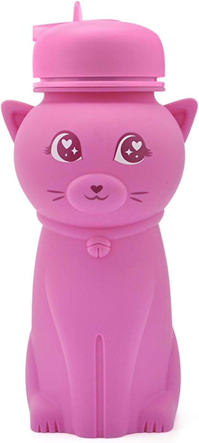Collapsible Silicone cat Water Bottle with Carabiner |500ml(16.9 oz) | for Girls in the School, Hiking, Backpacking, Camping, Work out Sports | BPA Free(kawaii & cute Rose red cat)
