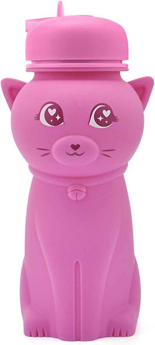Collapsible Silicone cat Water Bottle with Carabiner |500ml(16.9 oz) | for Girls in the School, Hiking, Backpacking, Camping, Work out Sports | BPA Free(kawaii & cute Rose red cat)