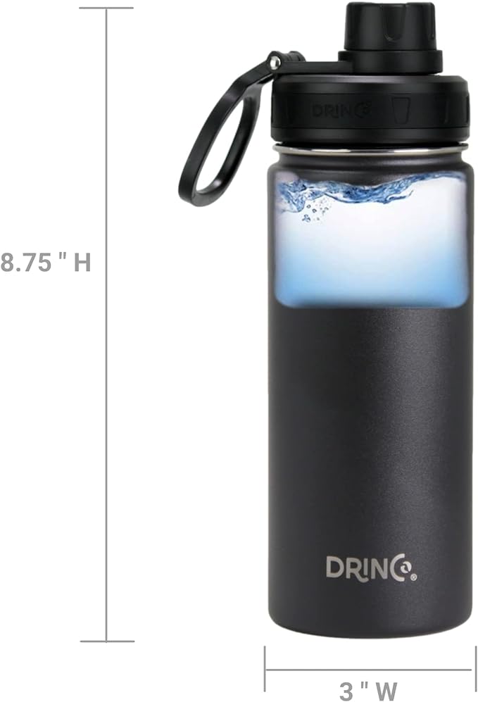DRINCO Stainless Steel Water Bottle Spout Lid Vacuum Insulated Double Wall Water Bottle Wide Mouth (40oz 32oz 22oz 18oz 14oz) Leak Proof Keeps Cold or Hot (18 oz, 18oz Black)