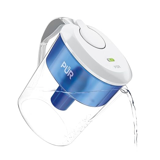 PUR 11-Cup Water Pitcher with 1 Genuine PUR Filter, 2-in-1 Faster Filtration, Dishwasher Safe, Filter Change Light, Easy Fill Lid, LockFit lid, Blue/White (CR1100C)