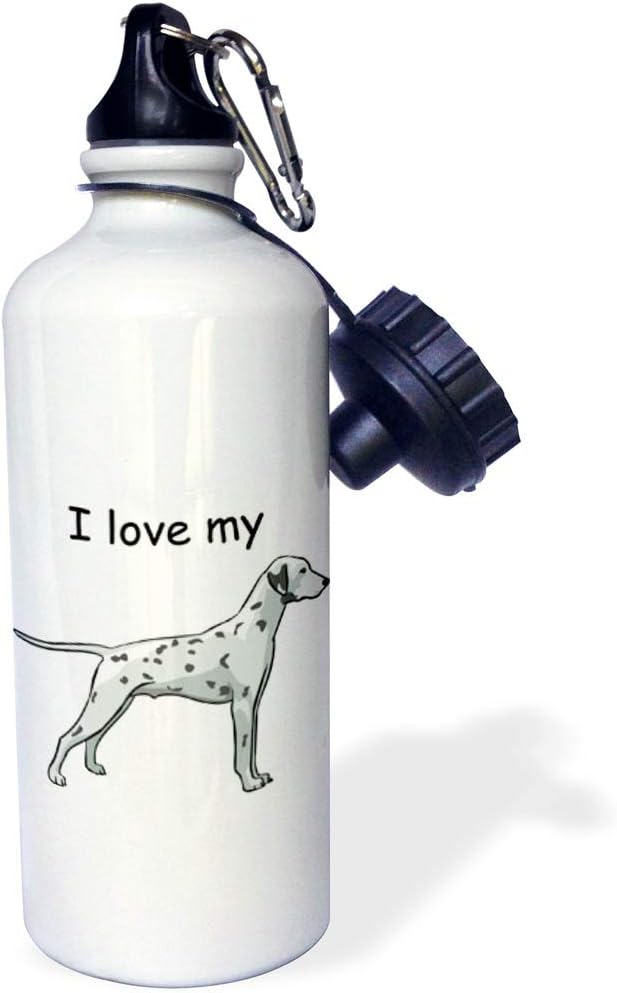 3dRose "Cute and Cuddly Canine I Love My Standing Dalmation" Sports Water Bottle, 21 oz, White