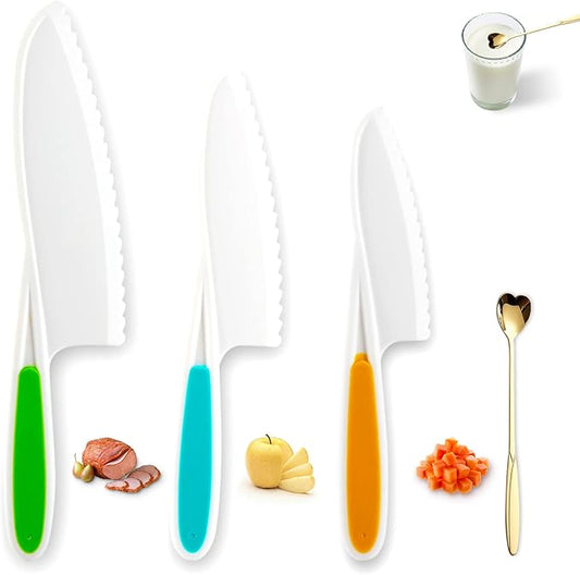Childrens Knife Set, Kids Children Knives Safe Cooking Firm In 3 Sizes Colors Real Fit Beginners Nylon Fruit Sandwich Salads Vegetables Cakes Kid Friendly Sturdy Love Spoon 4Pack