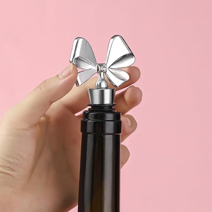 3 Pack Bowknot Wine Bottle Stoppers, Holiday Decor - zinc alloy Decorative Wine Stoppers - Wine Gift for Hostess - Cute Wine and Beverage Corker Bottle Sealers Women's Day gifts (Silver)