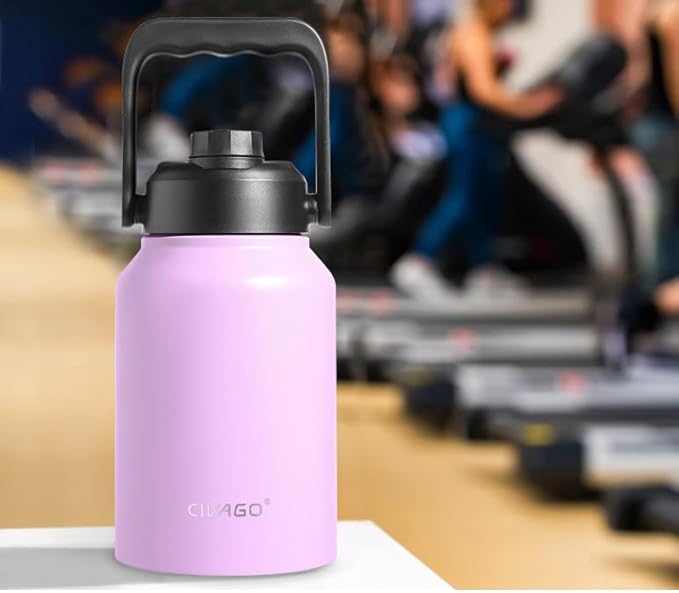 CIVAGO Half Gallon Insulated Water Bottle Jug with Straw, 64 oz Large Stainless Steel Sports Metal Water Flask with Handle, Big Thermal Water Cup Mug with 2 Lids for Camping & Fishing, Navy Blue