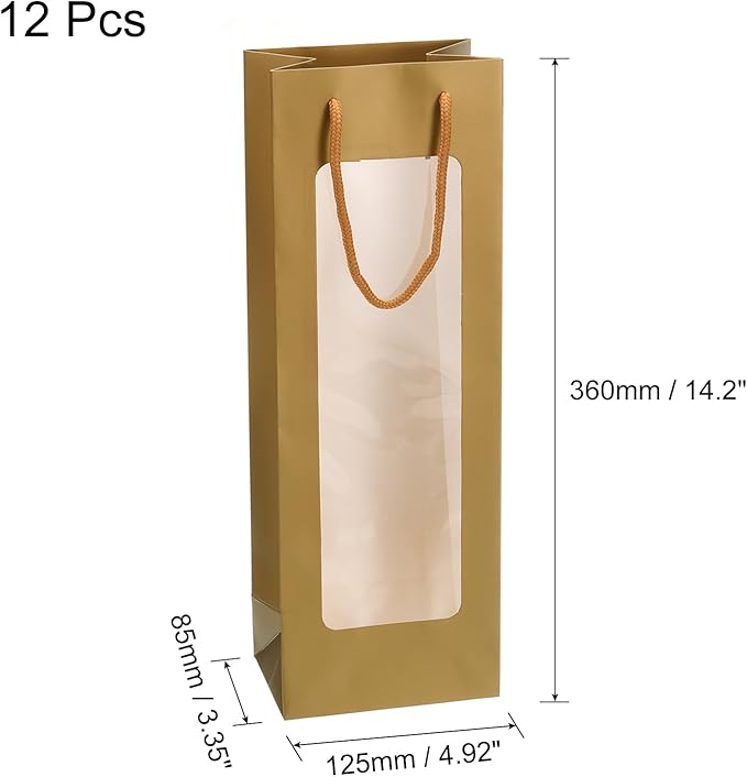 uxcell Wine Bags, 12pcs 4.92"x3.35"x14.2" Wine Gift Bags with Rope Handles, Paper Wine Tote Bag with Clear Window for Wedding Birthday Christmas Party Supplies, Gold