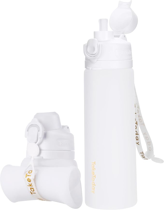 Collapsible Water Bottles 20oz, Leak Proof, BPA-Free, Foldable Silicone Travel Water Bottle with Straw Strap for Cycling, Hiking, Outdoors