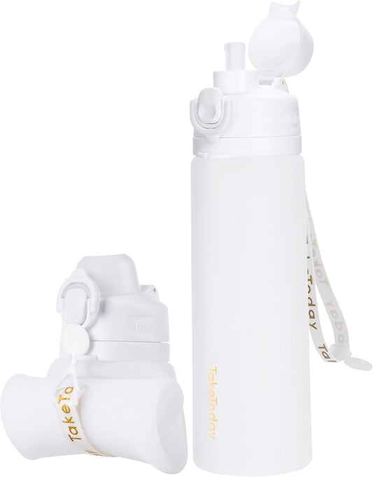 Collapsible Water Bottles 20oz, Leak Proof, BPA-Free, Foldable Silicone Travel Water Bottle with Straw Strap for Cycling, Hiking, Outdoors