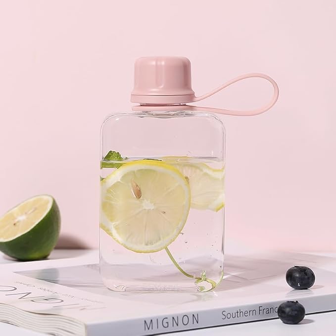 Tritan Transparent Flat Water Bottle samll Water Bottle Slim Square Pocket Bottle Water Flask, BPA Free/Slim Design/Leak Proof Water Bottle for Travel, Outdoor, Sports, Camping. (Pink, 240ML)